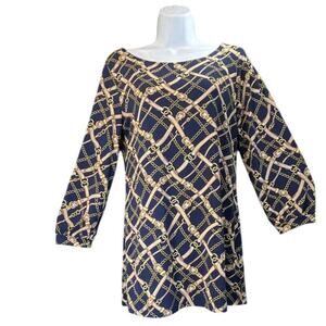 Womens Blue Boat Neck 3/4 Sleeves Gold Buckle Chain Print Equestrian Blouse